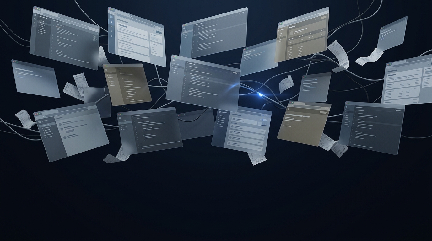 Twenty disconnected app windows and invoices floating in disarray